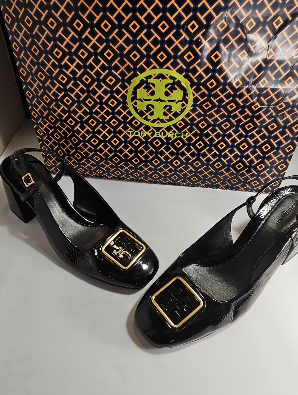 Tory Burch Black Patent Slingback Block Heel Pumps